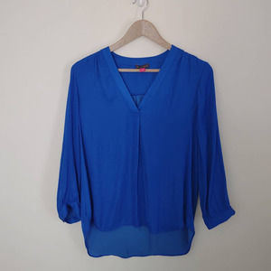 Vince Camuto Long Sleeve V-Neck High Low Semi Sheer Blue Blouse Size Small